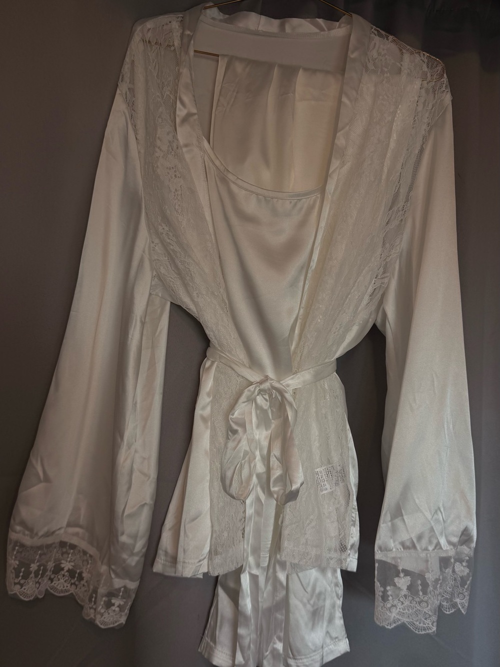 SHEIN 3 Piece White Satin Lace Bridal Pajama Set Robe Pants Cami 2XL